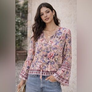 RAGA Revolve Boho Floral Tassel Blouse | Peach Pink Flowy Festival Top